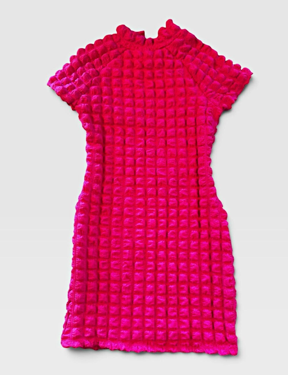 Planet Gold Women’s Medium Hot Pink Bubble Textured Mini Dress Ruffle Mock Neck
